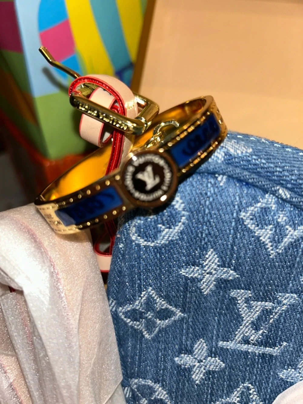 Designer Blue Denim Monogram Crossbody with Matching Pouch, Bandanna & Bracelet - Picture 6 of 7